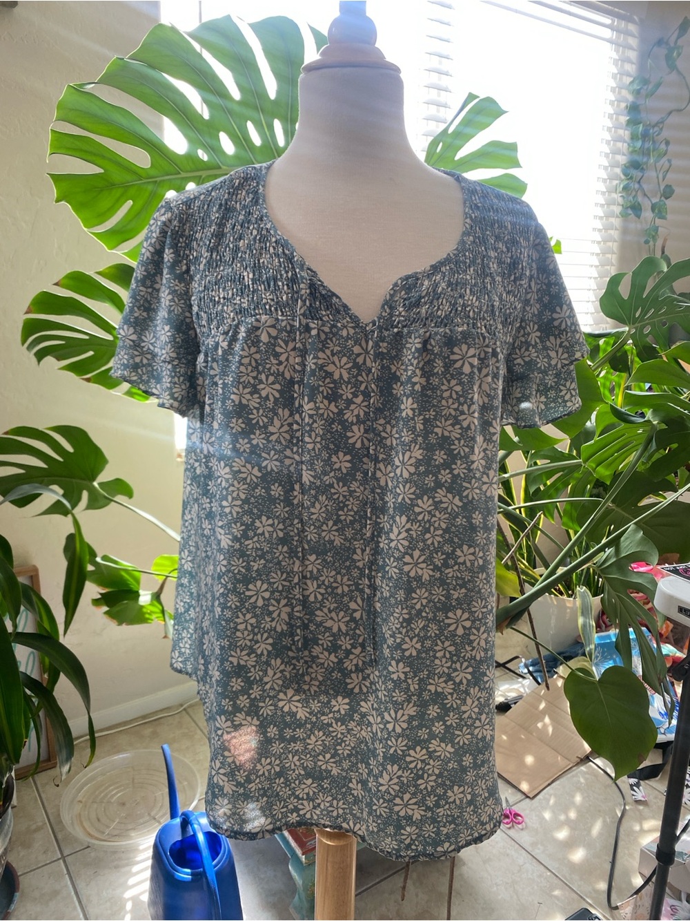 Style & Co. Blue Floral Smocked Yoke Short-Sleeve Blouse